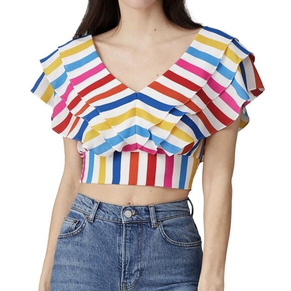 COLOR‎ ME COURTNEY Holly Ruffle Colorful Rainbow Crop Top 4 - Picture 1 of 12